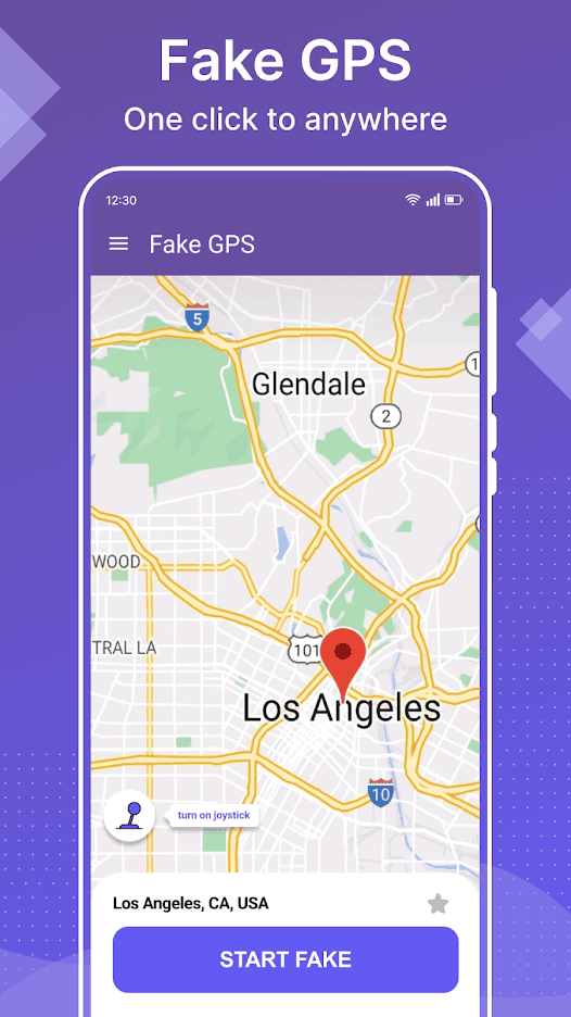 Fake GPS map and location controls shown on an Android phone